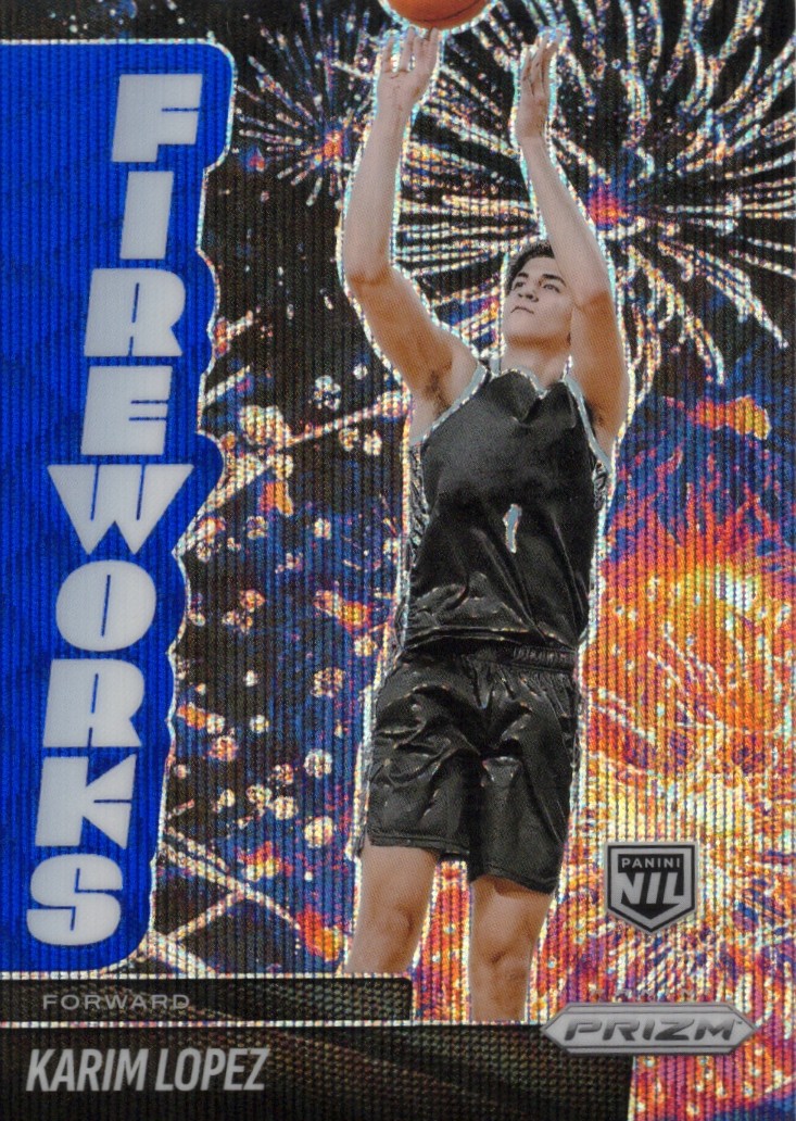 2025-26 Karim Lopez Panini Prizm Basketball - Fireworks #17 Blue Wave 142/249 — front scan