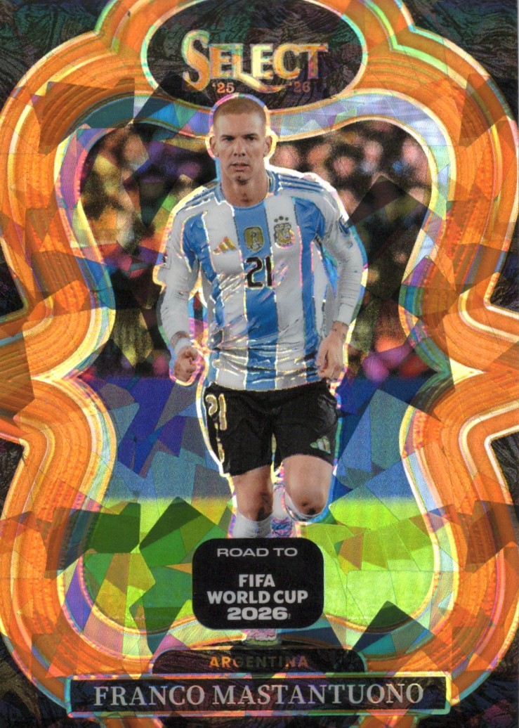 2025-26 Franco Mastantuono Panini Select Road to FIFA World Cup 2026 Soccer - Mezzanine #158 Orange Ice 046/749 — front scan