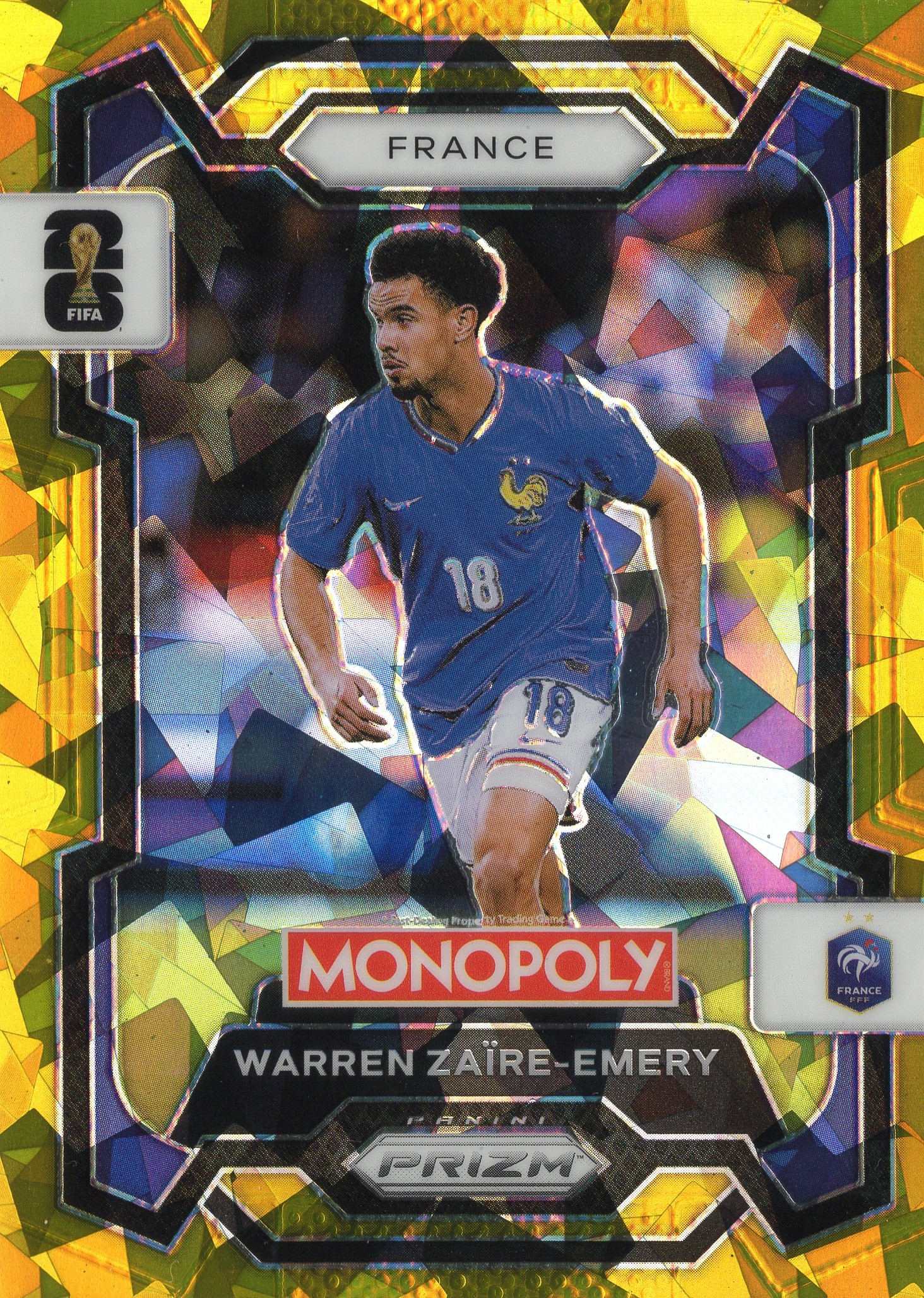 2026 Warren Zaïre-Emery Panini Prizm Monopoly FIFA World Cup #11 Gold ice pattern — parallel unconfirmed — front scan