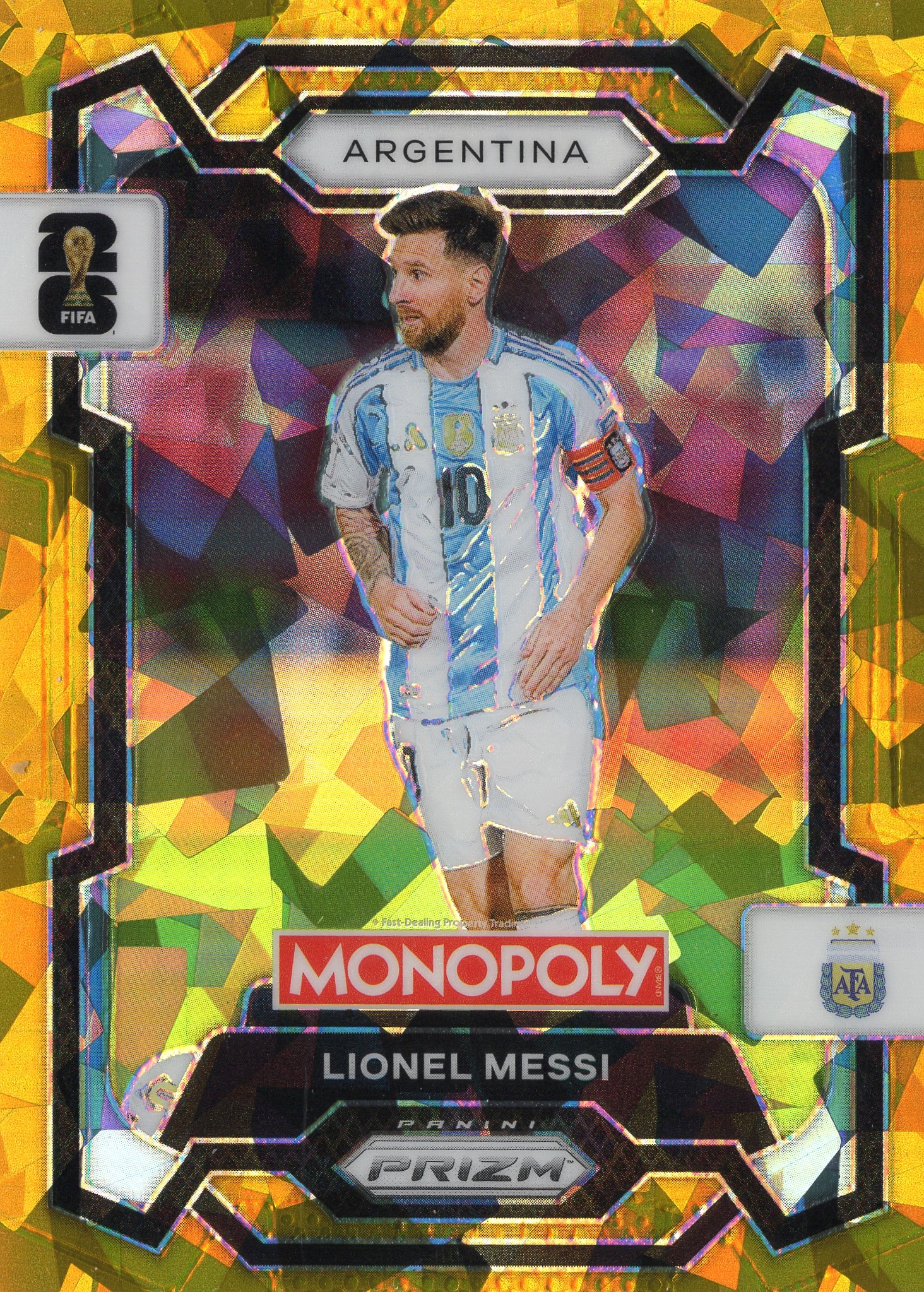 2026 Lionel Messi Panini Prizm Monopoly FIFA World Cup #1 Gold ice pattern — parallel unconfirmed — front scan